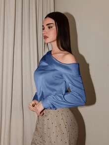 Bris Aura 女士不对称设计褶皱肩部垂褶宽松长袖缎面衬衫，都市通勤基本款简约优雅时尚商务休闲风，适合教师和办公室穿着 - 霧霾藍 - 查看 3