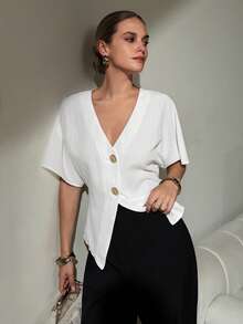 Lavishia V-Neck Cardigan Blouse, Elegant And Comfortable Top - White - View 6
