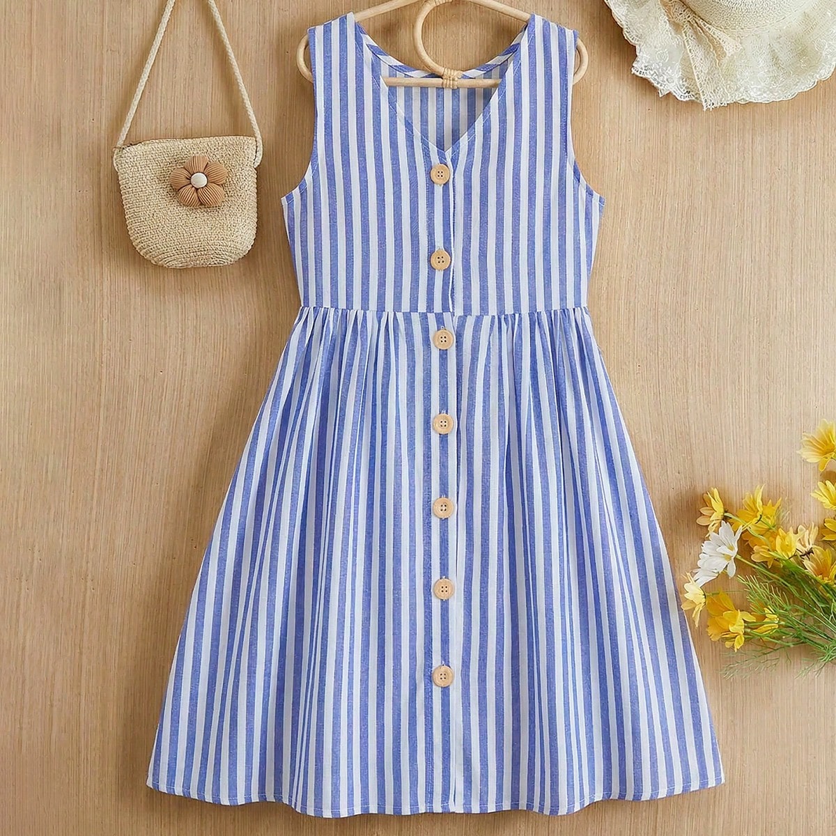 Vestido casual sin mangas de niña preadolescente con rayas de colores tejidas, para primavera/verano