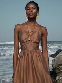 Breezaya New Metal Decor Vacation Style Spaghetti Strap Dress, Metal Decor On Chest, Sleeveless Long Beach Vacation Island Dress Dark Brown Summer Tropical - Brown - View 4