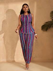 Lunelith SHEIN Lunessa 女士条纹圆领无袖上衣和裤子休闲两件套 - 彩色 - 查看 3