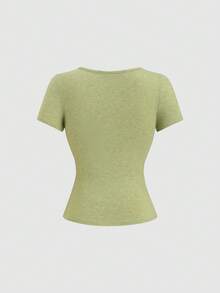 Sweetra Áo thun nữ phong cách Bohemian màu nâu, cổ bẻ, tay bồng, buộc dây, kiểu dáng thường ngày, cổ điển, thích hợp cho mùa xuân/hè. - màu xanh lá - Xem 2