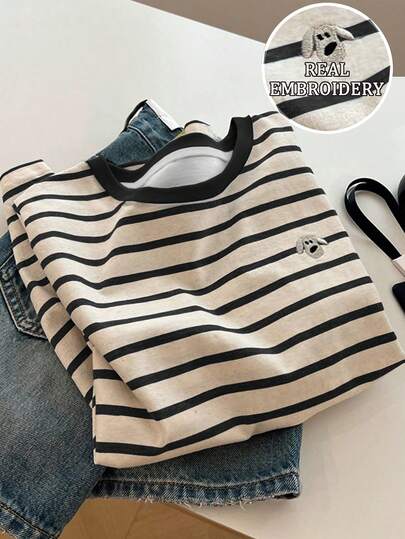 Resyla 条纹印花刺绣休闲圆领短袖T恤