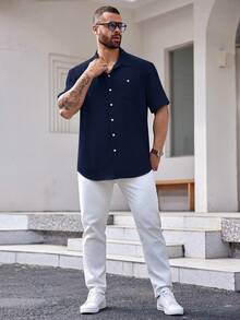 EASEVO 大码梭织休闲短袖衬衫 - 藏蓝色 - 查看 4