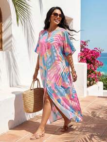 SHEIN Lady Women's Tie Dye Print V-Neck Batwing Short Sleeve Casual Dress,Summer Dresses For Women Holiday Vacation Beach Vacation Outfits For Women Spring Summer Vacation Outfits For Women Beach Outfit For Women Vacation Beach Outfit  Beach Outfit For Women Beach Outfit For Women Beach Summer Outfit For Women Casual Sets For Women Summer Clothes Summer Summer Outfit For Women - Multicolor - View 5