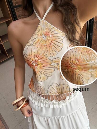Serisse Sequined Floral Camisole Cropped Top – Women's Bohemian Style Summer Camisole With Tassel Decoration Women's Floral Sequin Halter Neck Vacation Tank Top,Summer,Spring,Festival, Party, Beach,Wedding, Graduation,Going Out,Prom, Birthday, Elegant ,Vacation, Casual, Formal,Sequin Top,Fringe Blouse For Women