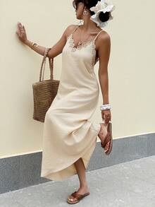 Serisse 女士蕾丝边休闲派对长吊带连衣裙 - 杏色 - 查看 8