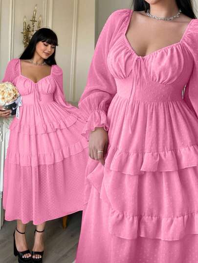 Lyrianda Đầm dạ hội sang trọng mới, chất liệu chiffon dệt họa tiết chấm bi, điểm nhấn nơ, kiểu dáng corset, tay cánh hoa, dáng chữ A, thiết kế xếp ly eo, chân váy bồng bềnh.