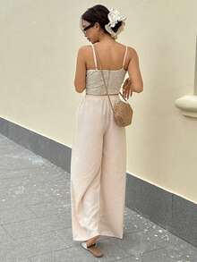 SHEIN Frenchy Bộ đồ nữ đi nghỉ mát gồm áo hai dây ôm sát và quần dài, kiểu dáng thường ngày, gồm 2 món. - Màu be - Xem 2