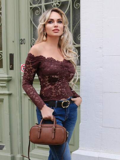 Elenary Edit 女士蕾丝性感透视镂空露肩长袖上衣，酒红色，适合圣诞节、万圣节、亡灵节、秋冬季叠穿