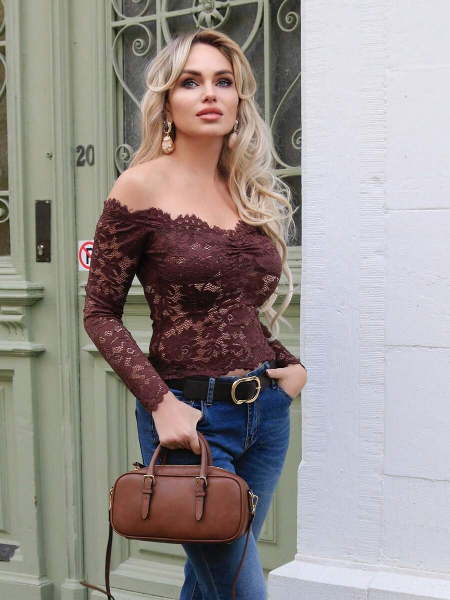 Elenary Edit 女士蕾丝性感透视镂空露肩长袖上衣，酒红色，适合圣诞节、万圣节、亡灵节、秋冬季叠穿 - 咖啡棕 - 查看 1
