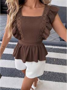 Pariaura 法式复古棕色蕾丝V领短袖上衣，前襟纽扣 - 咖啡棕 - 查看 3