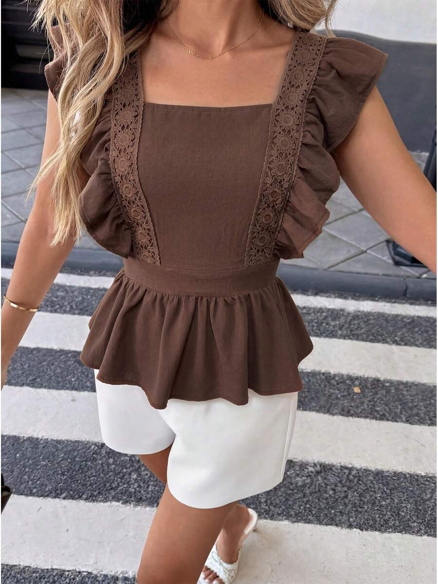 Pariaura Áo kiểu Pháp cổ điển màu nâu ren, cổ chữ V, tay ngắn, cài cúc phía trước. - Cà phê nâu - Xem 1