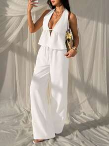 SHEIN EZwear 女款白色夏季休閒度假兩件套，編織掛脖上衣與寬腿褲，聖托里尼希臘度假風套裝，早午餐穿搭套裝 - 白色 - 查看 4