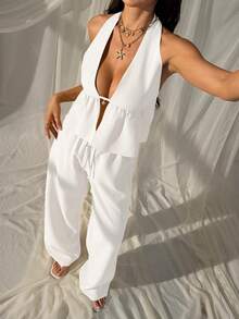 SHEIN EZwear 女款白色夏季休閒度假兩件套，編織掛脖上衣與寬腿褲，聖托里尼希臘度假風套裝，早午餐穿搭套裝 - 白色 - 查看 8