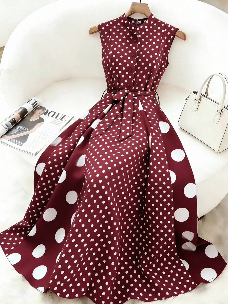 Franclia Đầm chấm bi tay ngắn xẻ tà cổ tròn dáng xòe thanh lịch và tinh tế dành cho công sở, màu đỏ rượu vang, đầm chấm bi nữ, đầm chấm bi kiểu retro cho nữ, đầm chấm bi đỏ, đầm chấm bi midi, đầm chấm bi maxi, đầm maxi màu đỏ tía, đầm chấm bi cho nữ, đầm vintage cho nữ, đầm công sở cho nữ, đầm chấm bi cho nữ, đầm mới nhất, đầm nữ hàng mới về