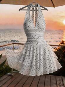 Franclia 女士夏季连衣裙，褶皱腰身，多层裙摆，女士蛋糕裙，针织网纱面料，露背吊带连衣裙，白色连衣裙，波点连衣裙，杏色派对连衣裙，吊带短款连衣裙，女士度假装，派对连衣裙，音乐节连衣裙，可爱连衣裙，温柔，知性，优雅，高端，优雅套装，通勤，日常，夏季，派对，海滩，约会，毕业典礼，商务办公，都市时尚百搭日常连衣裙 - 白色 - 查看 3