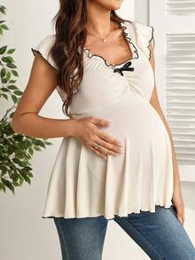 GentleRue Maternity Áo nỉ bầu kiểu dáng thường ngày, viền ren và nơ trang trí. - Màu be - Xem 1