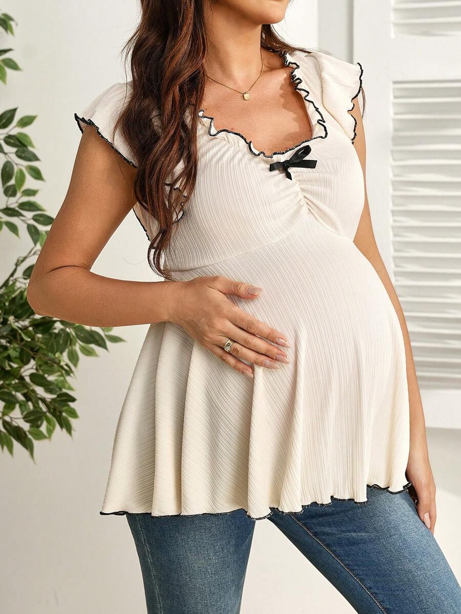 GentleRue Maternity Áo nỉ bầu kiểu dáng thường ngày, viền ren và nơ trang trí. - Màu be - Xem 1