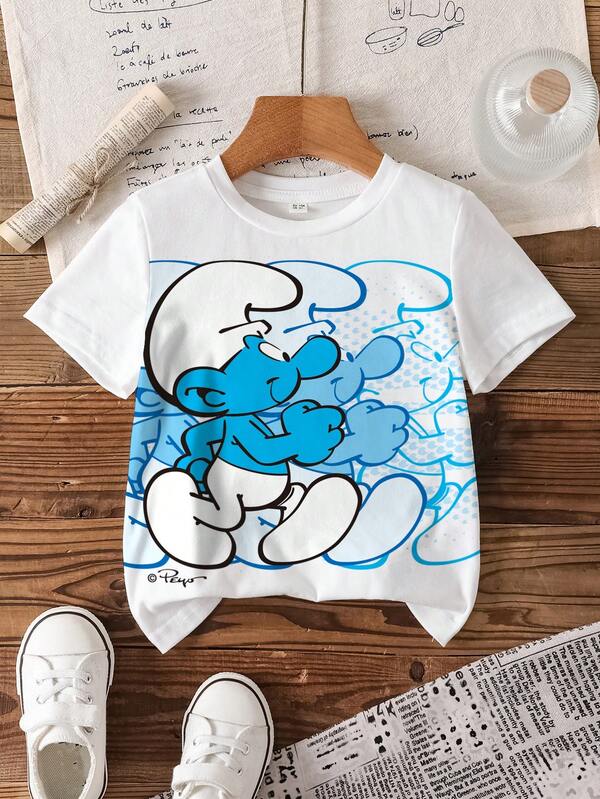 SHEIN X The Smurfs Áo thun in hình hoạt hình toàn thân dành cho bé trai