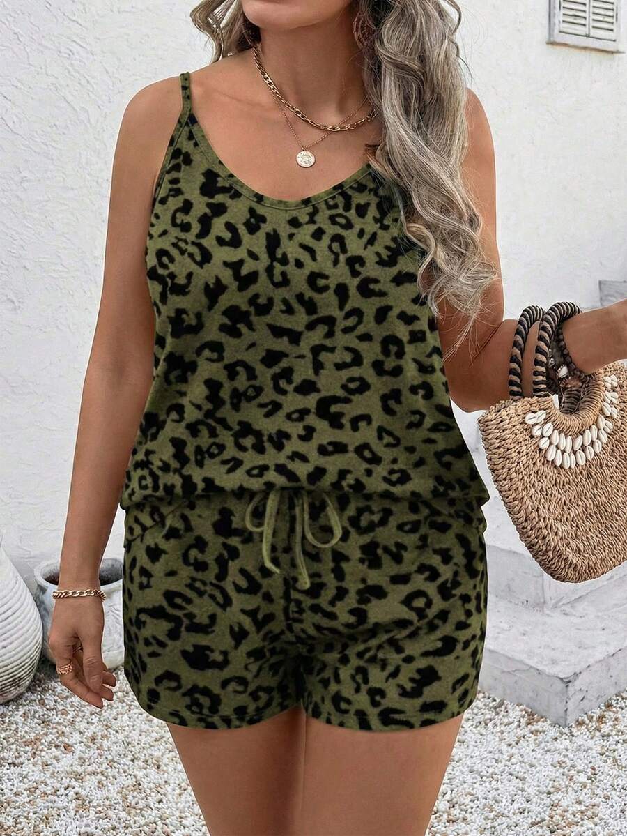 Nuevo conjunto de top de tirantes con estampado de leopardo versátil y casual para mujer de talla grande - Multicolor - Ver 1