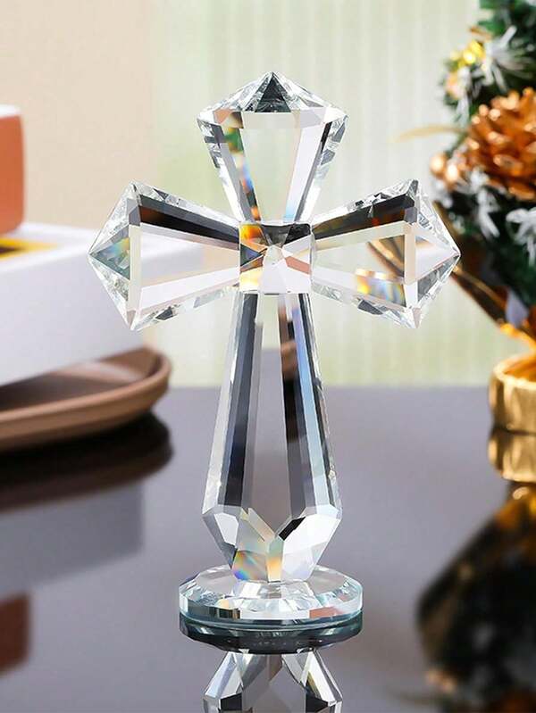 1件手工雕刻水晶十字架桌面摆件，人造水晶十字架摆件，适用于复活节装饰、窗户阳光捕捉器、棱镜装饰、复活节工艺品、复活节礼物、基督教精神礼物，送给您的家人或朋友，适合作为餐桌中心摆件、办公室房间装饰