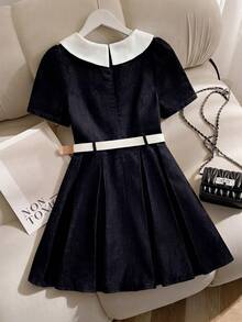 Teen Girl Denim Snug Fit Dress,Dark Blue,Autumn,Cute,Graduation,Back-To-School Washed Pleated Hem Design With Belt Contrast Color Shirt Collar Dress - Blue - View 2