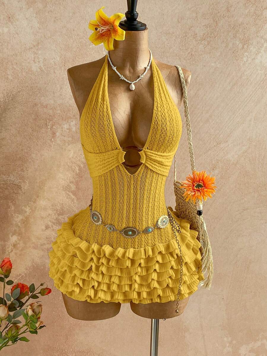 Soleia Đầm ngắn màu trắng cổ yếm cho nữ, thích hợp cho kỳ nghỉ. - Màu vàng - Xem 1