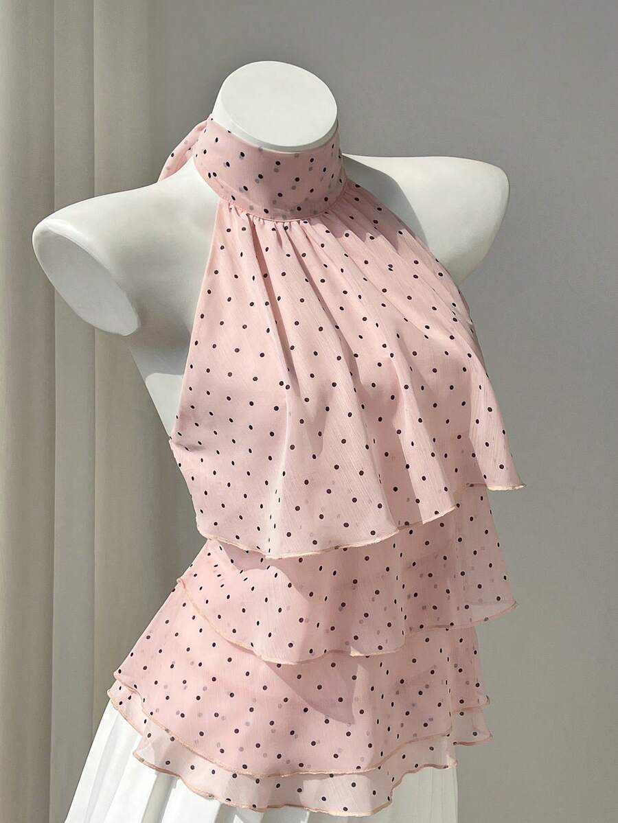 Elamini Women's Polka Dot Pattern Ruffle Trim Halter Neck Blouse - Pink - View 1