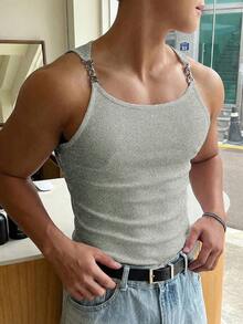 Manfinity Dauomo 男士修身舒适透气金属肩带背心，夏季 - 淺灰色 - 查看 5