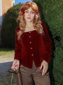 Gretanique 女士优雅精致浪漫通勤休闲时尚新款街头风立领龙纹镂空金属扣腰A字下摆长袖酒红色衬衫 - 酒紅色 - 查看 2