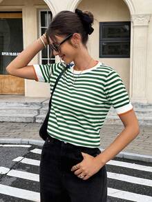 Casual Striped Knit Tops - Green - View 3