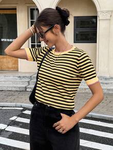 Serisse Blusa de punto de manga corta con estampado de bloques de color y rayas para uso casual y de oficina - Amarillo - Ver 5