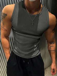 Manfinity Dauomo 男士休闲日常通勤简约纯色修身背心，夏季 - 灰色 - 查看 5