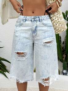 Rivivi 女士休闲百搭水洗做旧牛仔裤 - 淺色水洗藍 - 查看 6