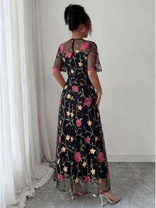 Elenzga 网纱刺绣花叶印花短袖优雅休闲拉链长连衣裙（女款） - 彩色 - 查看 2