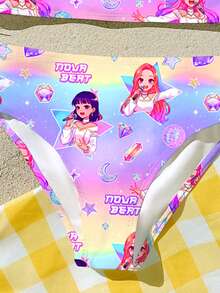 年轻女孩休闲简约卡通女孩比基尼套装，亮紫色，K-Pop 超级明星卡通女孩组合印花比基尼套装，适合夏季穿着 - 彩色 - 查看 6