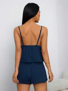 SHEIN PETITE Women's Simple Casual Navy Blue 2 Pieces Set Women's Summer Sets Linen Two Pieces Set - Navy Blue - View 3