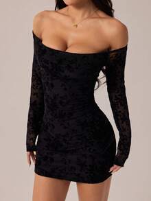 SHEIN PETITE 女士露肩长袖蕾丝拼接迷你连衣裙，夏季连衣裙，夏季服装，黑色露肩连衣裙，黑色蕾丝连衣裙 - 黑色 - 查看 8