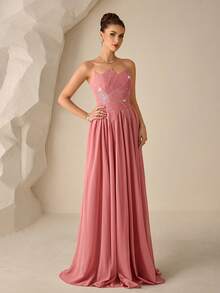 Coutiva Đầm dạ hội trang trọng dành cho nữ, chất liệu chiffon đính ngọc trai (thêu họa tiết cầu kỳ) - Màu Hồng  Dưa hấu - Xem 4