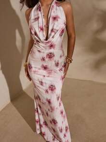 SHEIN Glamour Women's White And Pink Floral Backless Sleeveless Slim Maxi Dress,Bodycon Summer Casual Vacation Holiday Outfit For Beach,Wedding Party,Nightclub - Multicolor - View 7