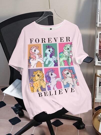 My Little Pony X SHEIN Große Größen süßes Cartoon-Muster Kurzarm T-Shirt