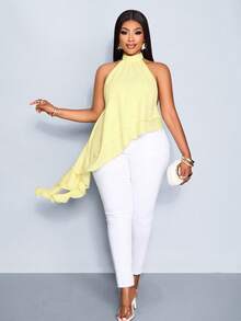 SOLERSUN Women's Elegant Vacation Light Yellow Halter Neck Flowing Double- Asymmetric Layered Ruffle Hem Blouse - Light Yellow - View 7
