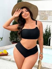Swim Vcay Plus Size Women Summer Beach Solid Color Metal Decor Linked Bikini And Triangle Briefs Swimwear Set - Black - View 6