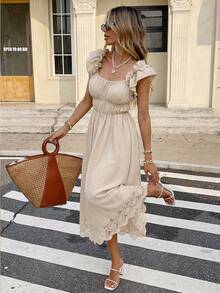 SHEIN Frenchy 女士休闲蕾丝拼接中长连衣裙 - 杏色 - 查看 1