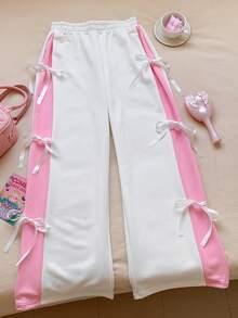 SHEIN EZwear 女式松紧腰撞色直腿休闲白色运动裤配蝴蝶结 - 白色 - 查看 6