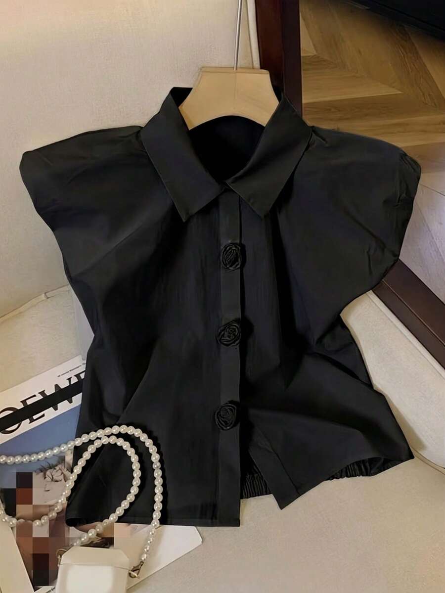 Franclia 女士纯色3D立体花卉装饰时尚衬衫 - 黑色 - 查看 1