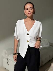 Lavishia V-Neck Cardigan Blouse, Elegant And Comfortable Top - White - View 3