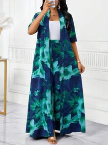 SHEIN Lady Plus Size Women Floral Print Short Sleeve Long Kimono And Wide Leg Pants 2 Pieces Set - Multicolor - View 2