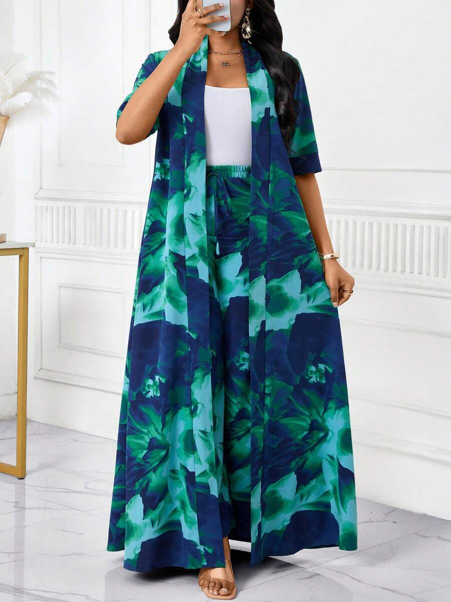SHEIN Lady Plus Size Women Floral Print Short Sleeve Long Kimono And Wide Leg Pants 2 Pieces Set